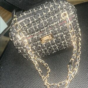 Chic Black and Gold Tweed Chain Bag